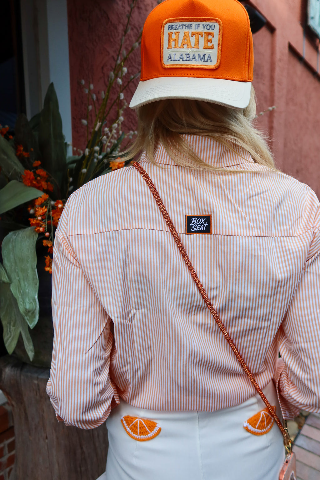 Half Bear Half Cat Orange & White Striped Button-Down Shirt
