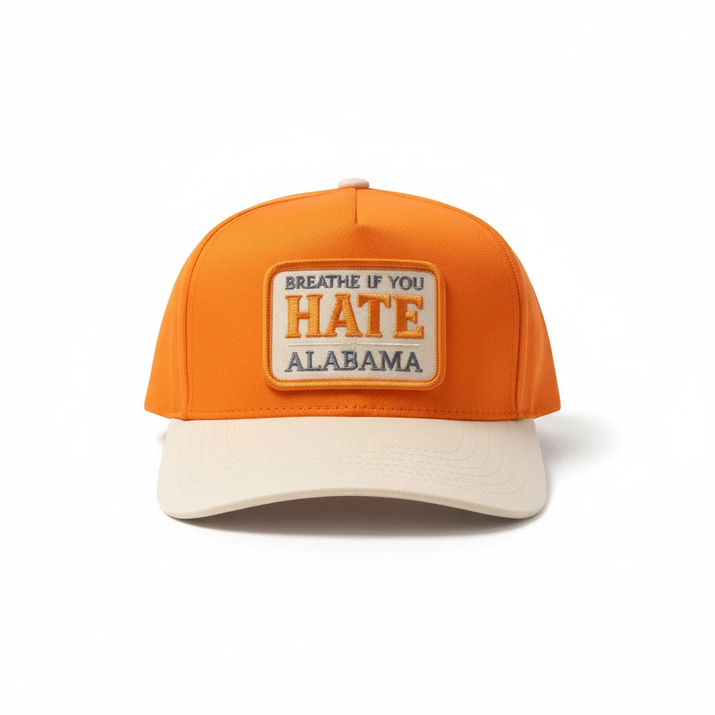 BOX SEAT Alabama HATERS hat in orange and cream with a rectangular patch featuring embroidered text