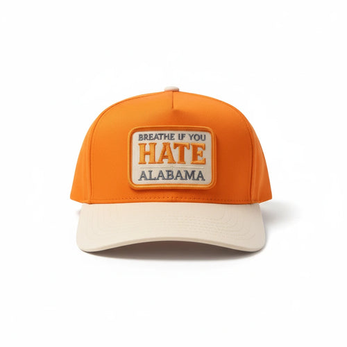 BOX SEAT Alabama HATERS hat in orange and cream with a rectangular patch featuring embroidered text