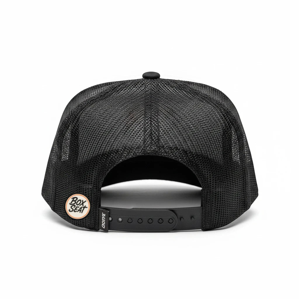 BOX SEAT Wild as a mink hat featuring a black mesh back and adjustable snapback closure, rear view.