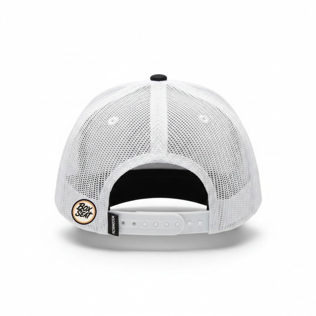 BOX SEAT Sweet as soda pop Richardson 112 black and white trucker hat with mesh back and adjustable snapback closure