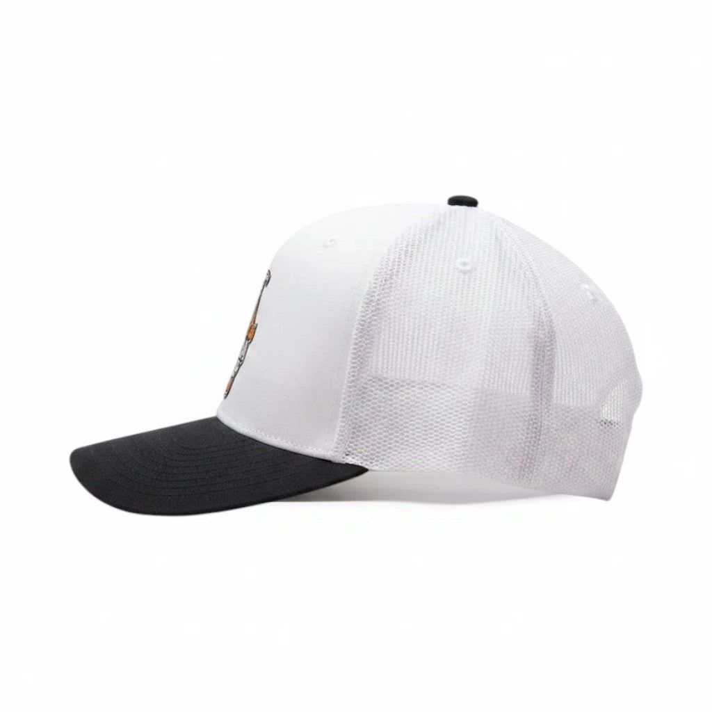 BOX SEAT Sweet as soda pop Richardson 112 trucker hat in black and white with a mesh back and side profile view