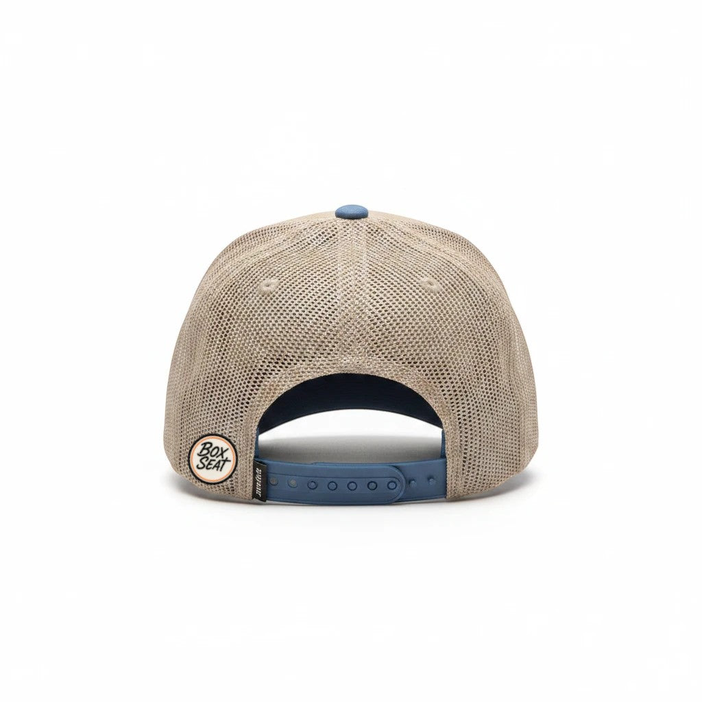 BOX SEAT blue and beige mesh back tailgate hat with adjustable snapback closure, rear view