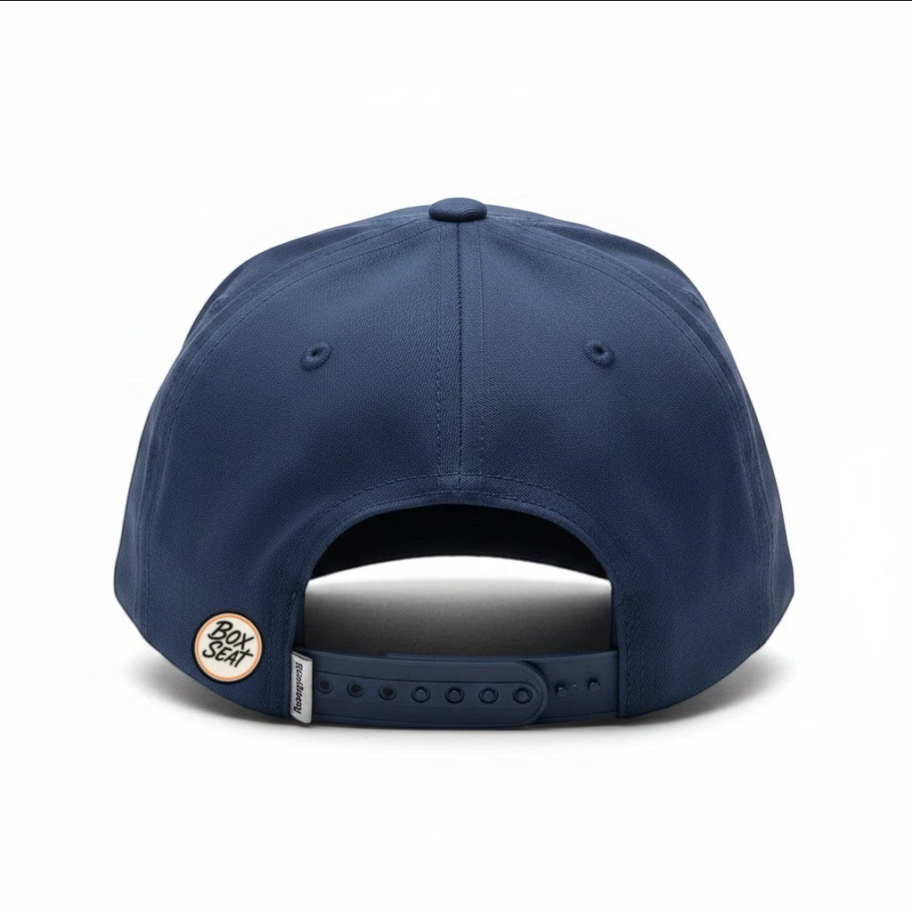 BOX SEAT Block VOLS blue snapback hat, rear view showing adjustable plastic strap and structured fabric design