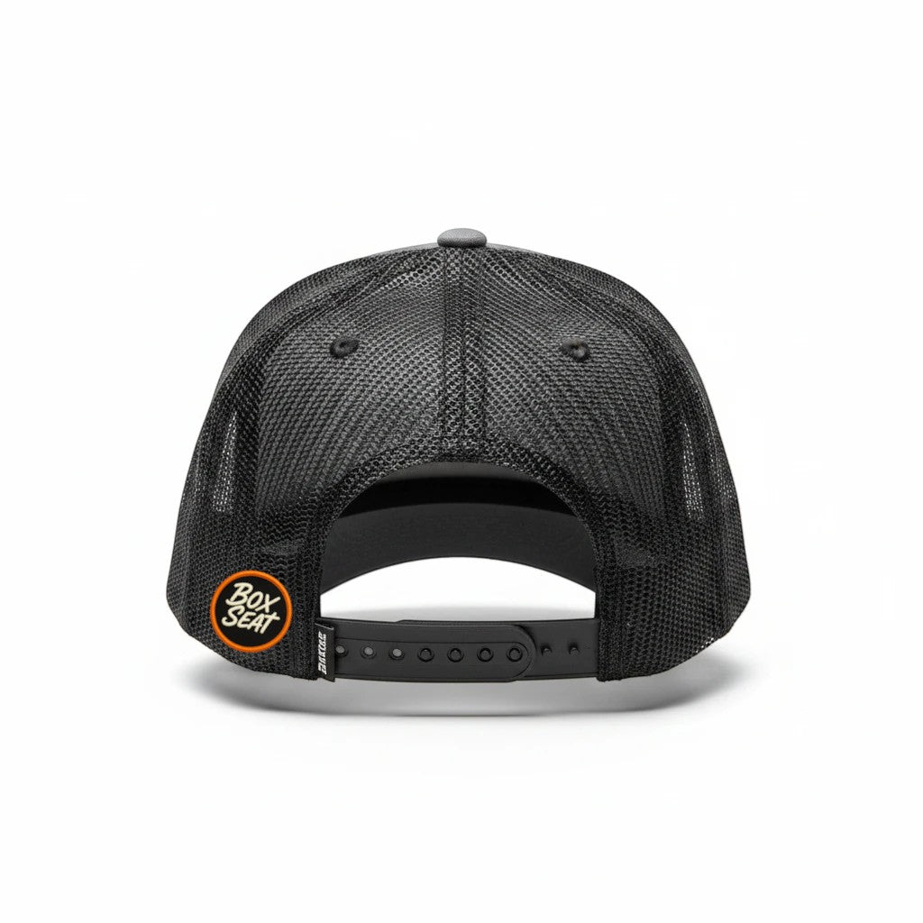 BOX SEAT No Vacancy in Tennessee Richardson 115 low profile trucker hat in charcoal and black with mesh back