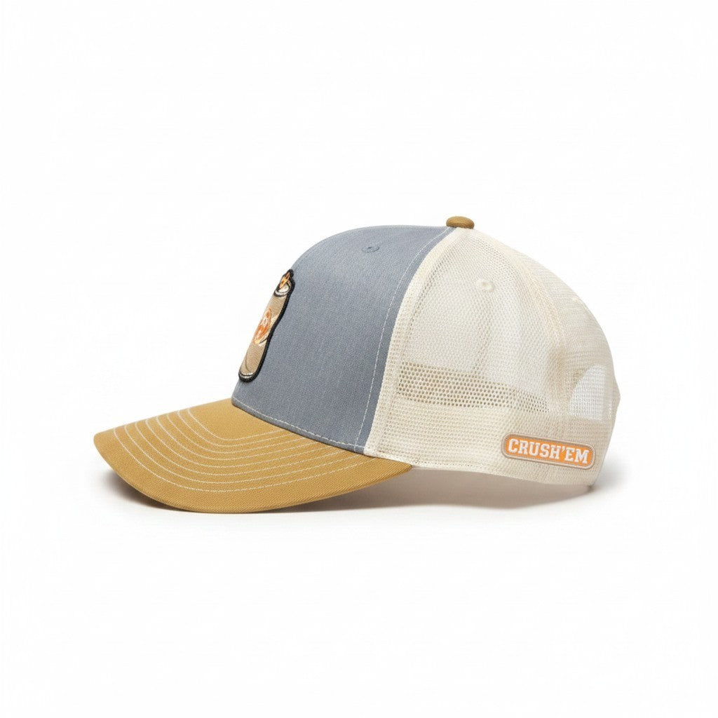 BOX SEAT Crush 'Em Richardson 312 trucker hat with grey front, tan brim, and white mesh back with side patch detail.