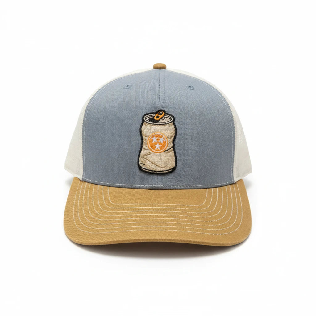 BOX SEAT Richardson 312 trucker hat in grey and tan with a crushed beer can embroidery featuring a Tennessee star logo.