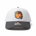 BOX SEAT Daniel Boone tri star Richardson 112 trucker hat with white front, grey brim, and raccoon tail embroidery