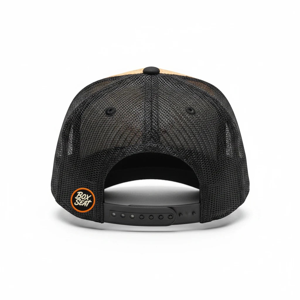 Rear view of a BOX SEAT Goodluck hat featuring a black mesh back and adjustable snapback closure