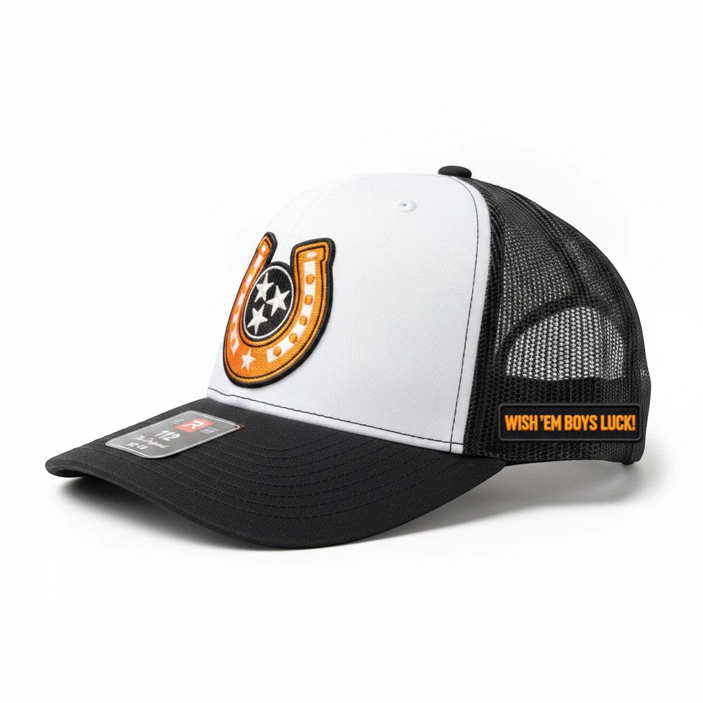 BOX SEAT Goodluck Richardson trucker hat featuring a white front panel, black mesh back, and horseshoe logo patch.