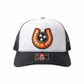 BOX SEAT Goodluck Richardson trucker hat featuring a white front panel, black mesh back, and horseshoe logo patch.