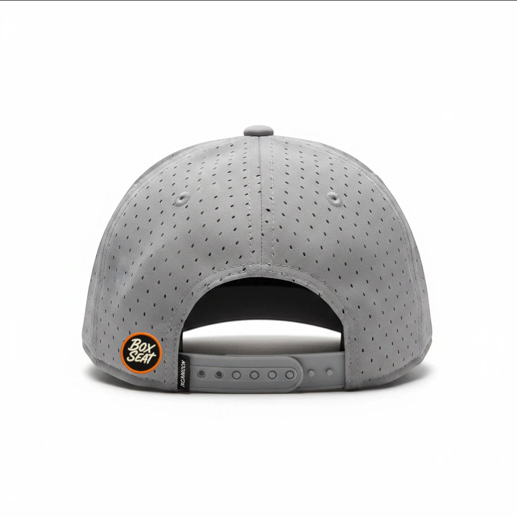 BOX SEAT gray Richardson performance hat with perforated fabric and adjustable snapback closure, back view