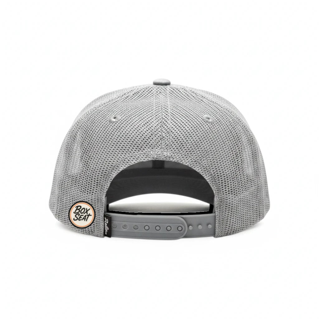 Back view of a BOX SEAT gray Richardson 112 trucker hat featuring a mesh back and adjustable snapback closure.