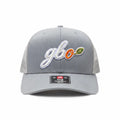 BOX SEAT gray Richardson 112 trucker hat featuring a white and orange gbo script embroidery on the front panel