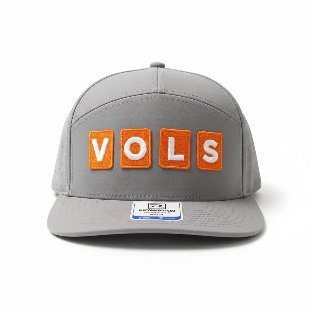 BOX SEAT gray Richardson performance hat featuring orange block letters spelling VOLS on the front
