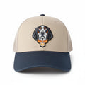 BOX SEAT smokey khaki and black trucker hat featuring an embroidered bluetick coonhound dog patch on the front