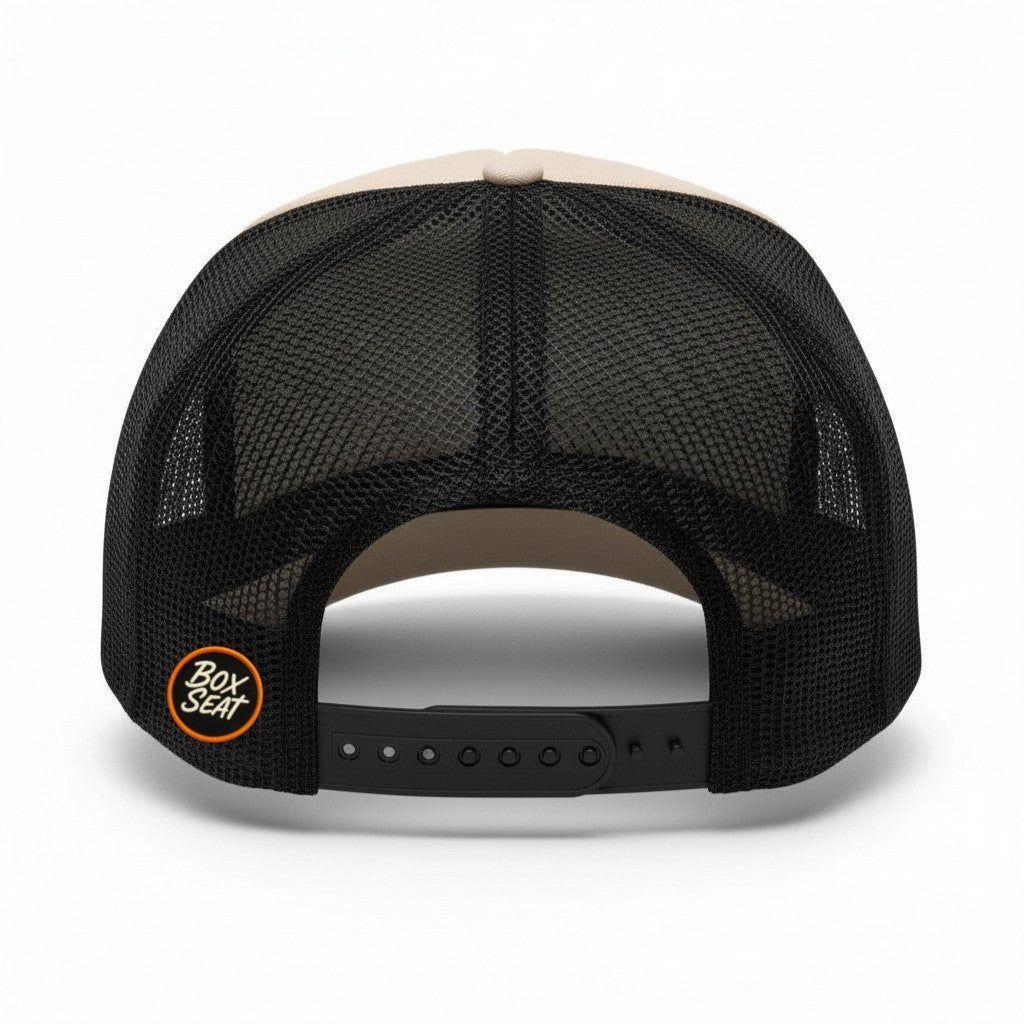 BOX SEAT Richardson 511 khaki and black trucker hat with mesh back and adjustable snapback closure
