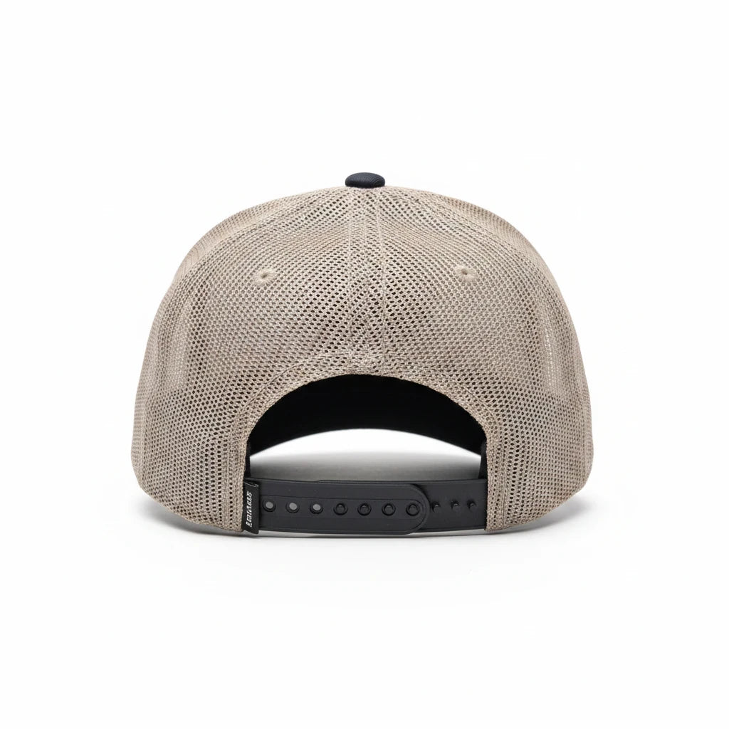 BOX SEAT smokey khaki and black trucker hat with a mesh back and adjustable snapback closure