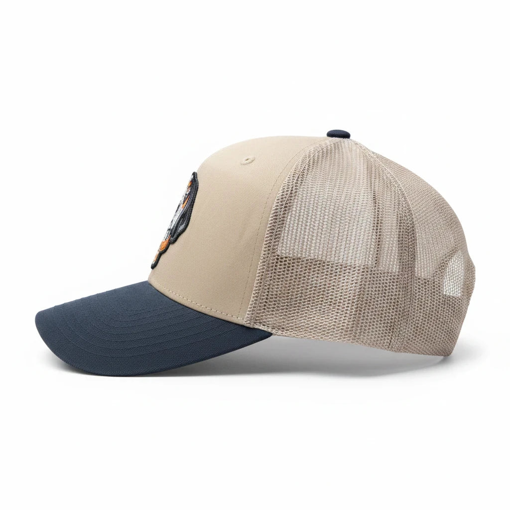 BOX SEAT smokey khaki and black trucker hat with mesh back and embroidered patch detail