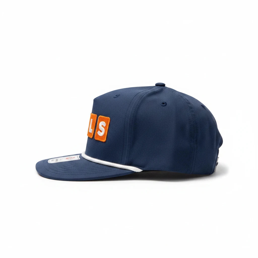 BOX SEAT navy blue baseball cap with orange VOLS block letter patches and a white rope detail on the brim