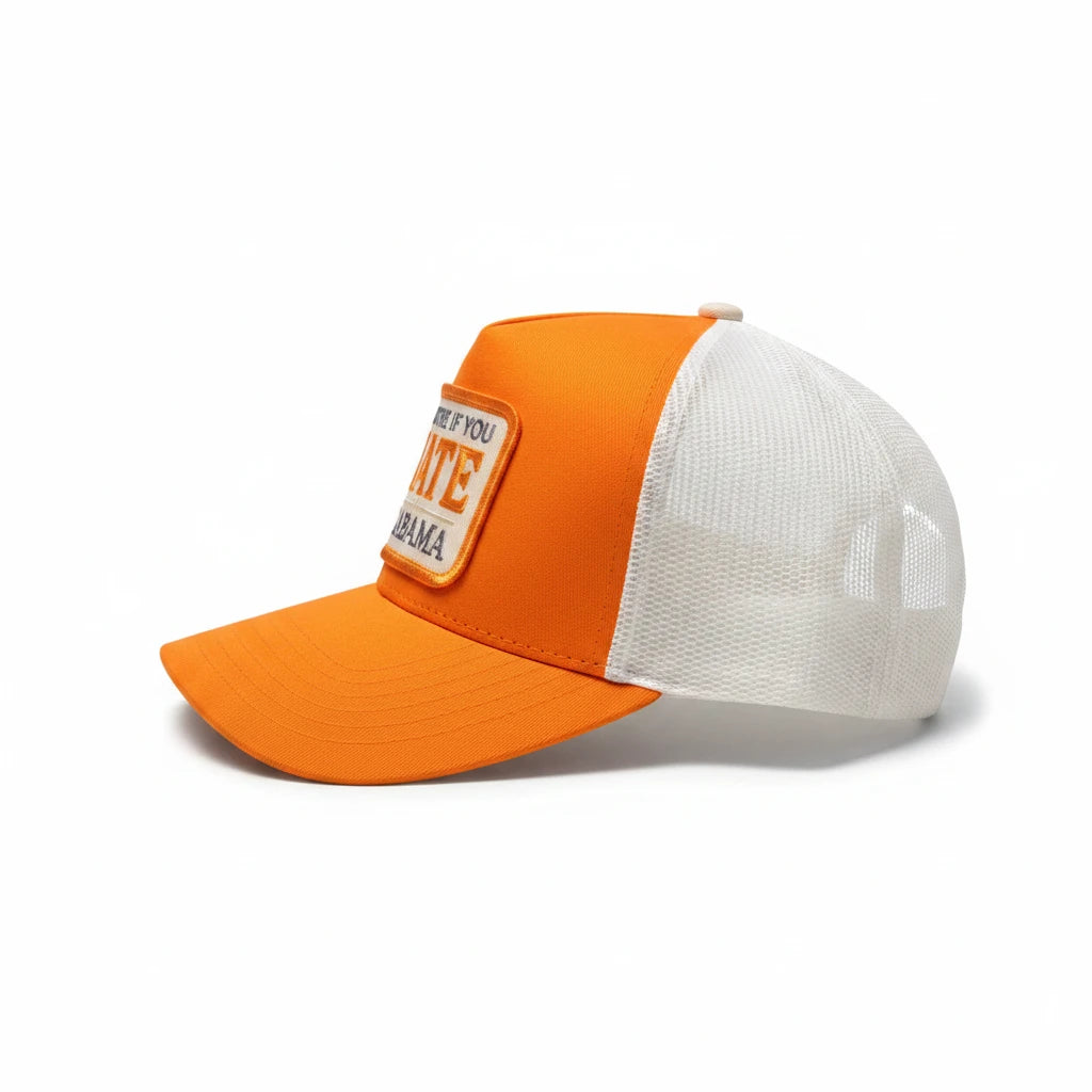 BOX SEAT Alabama HATERS trucker hat in orange and white with a mesh back and embroidered patch design