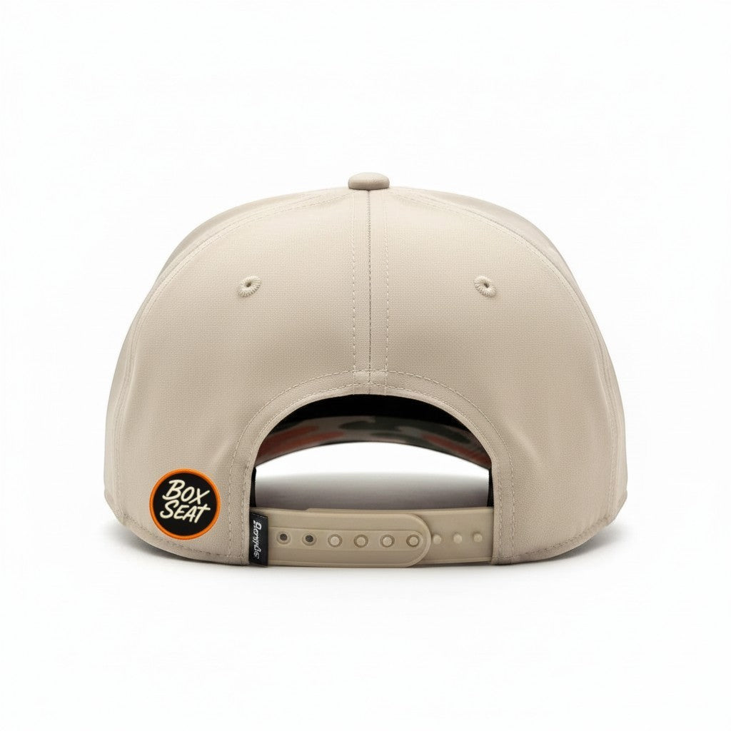 BOX SEAT Tennessee Smoke Show beige snapback hat with camo pattern under brim and rear logo patch