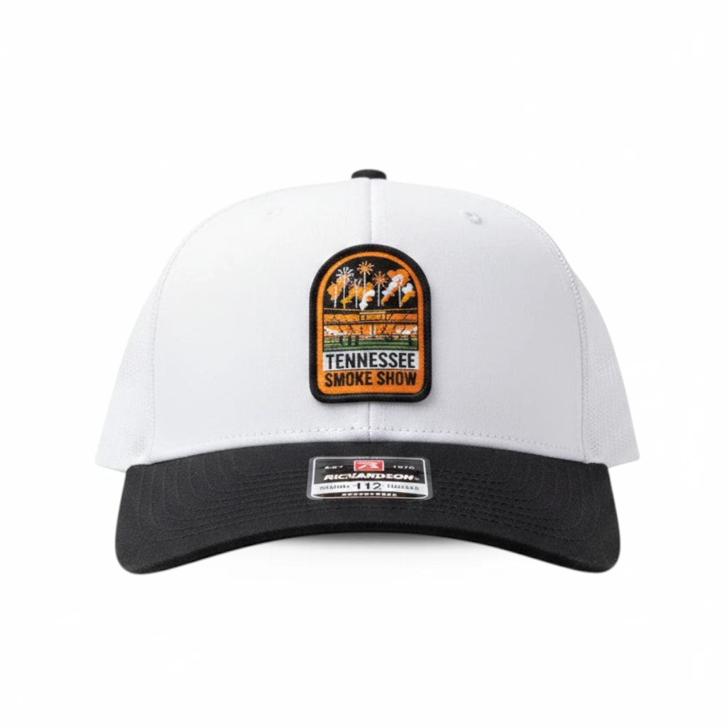 BOX SEAT Tennessee SMOKE SHOW Richardson 112 trucker hat in white and black with a graphic patch