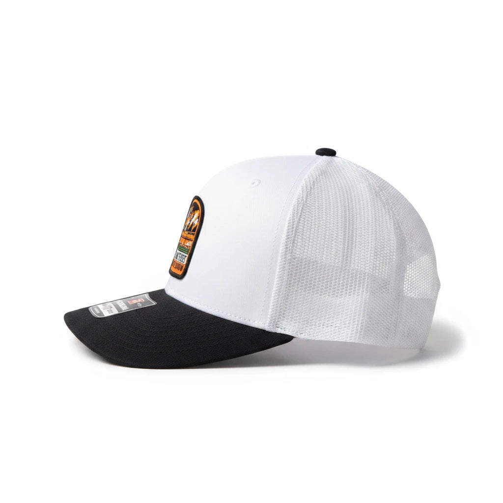 BOX SEAT Tennessee SMOKE SHOW Richardson 112 trucker hat in black and white with a side profile view