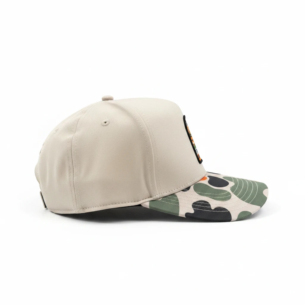 BOX SEAT TN SMOKE SHOW hat featuring a beige crown and a green and brown camouflage patterned brim