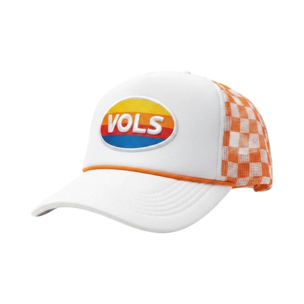 BOX SEAT retro Vols trucker hat featuring a white front, orange and white checkerboard mesh back, and oval logo patch
