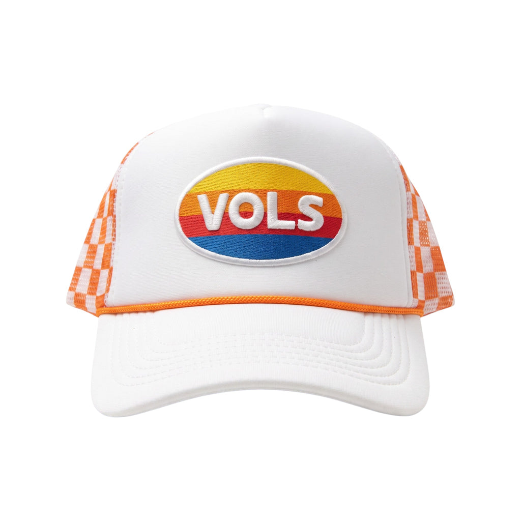 BOX SEAT white trucker hat featuring a retro VOLS oval patch and orange and white checkerboard mesh back
