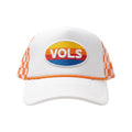 BOX SEAT white trucker hat featuring a retro VOLS oval patch and orange and white checkerboard mesh back
