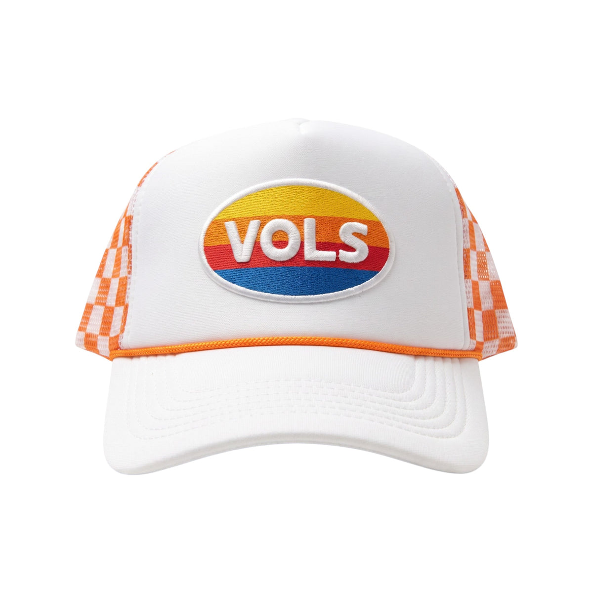 BOX SEAT white trucker hat featuring a retro VOLS oval patch and orange and white checkerboard mesh back