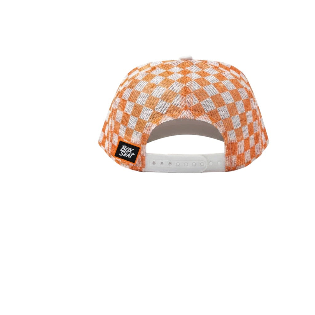 BOX SEAT retro Vols trucker hat featuring an orange and white checkerboard mesh back and white plastic snapback strap.