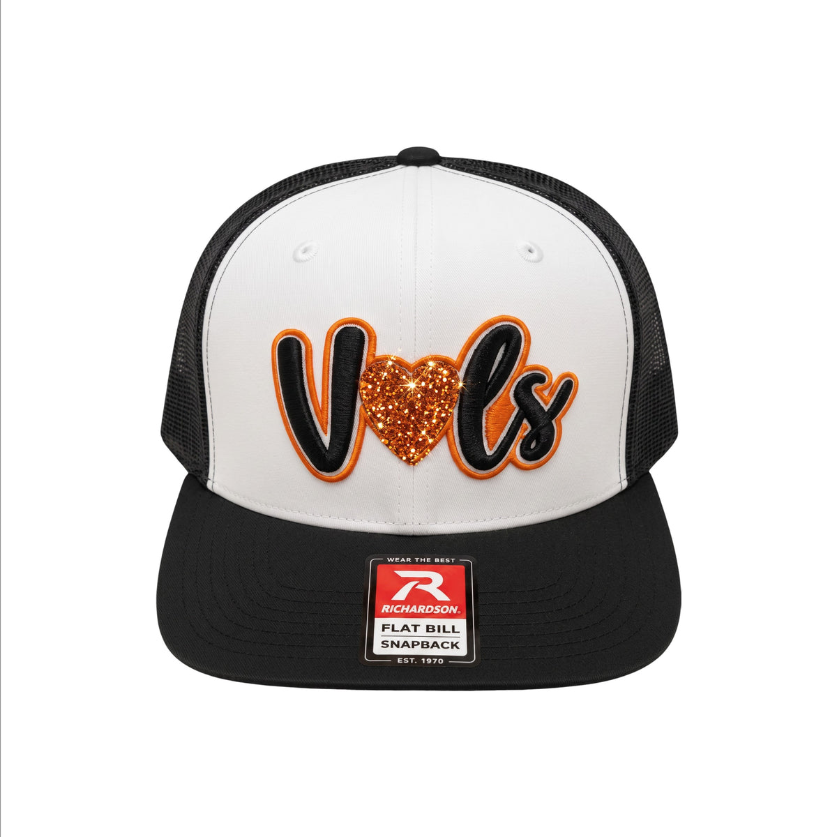 BOX SEAT white and black foam trucker hat with orange heart Vols embroidery and flat bill snapback design