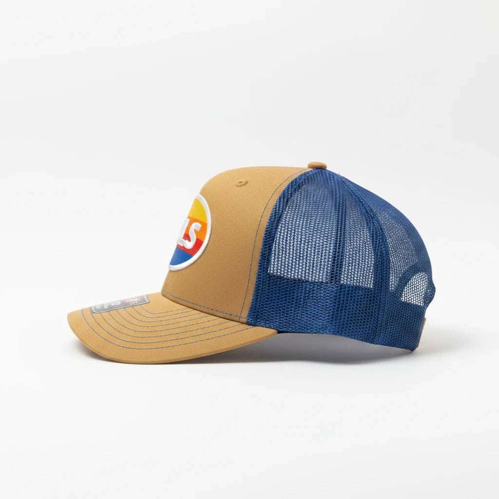 BOX SEAT Vols retro trucker hat with tan front panel, blue mesh back, and vintage-style circular logo patch