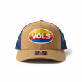 BOX SEAT Richardson 112 retro trucker hat in tan with a blue mesh back and a vintage VOLS oval patch