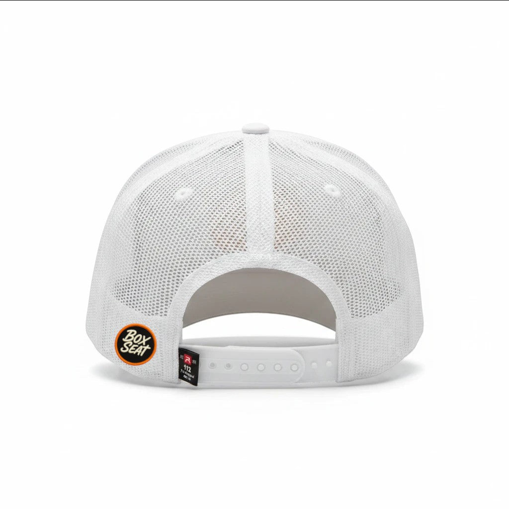Back view of a white BOX SEAT GBO trucker hat featuring a breathable mesh back and adjustable snapback closure.