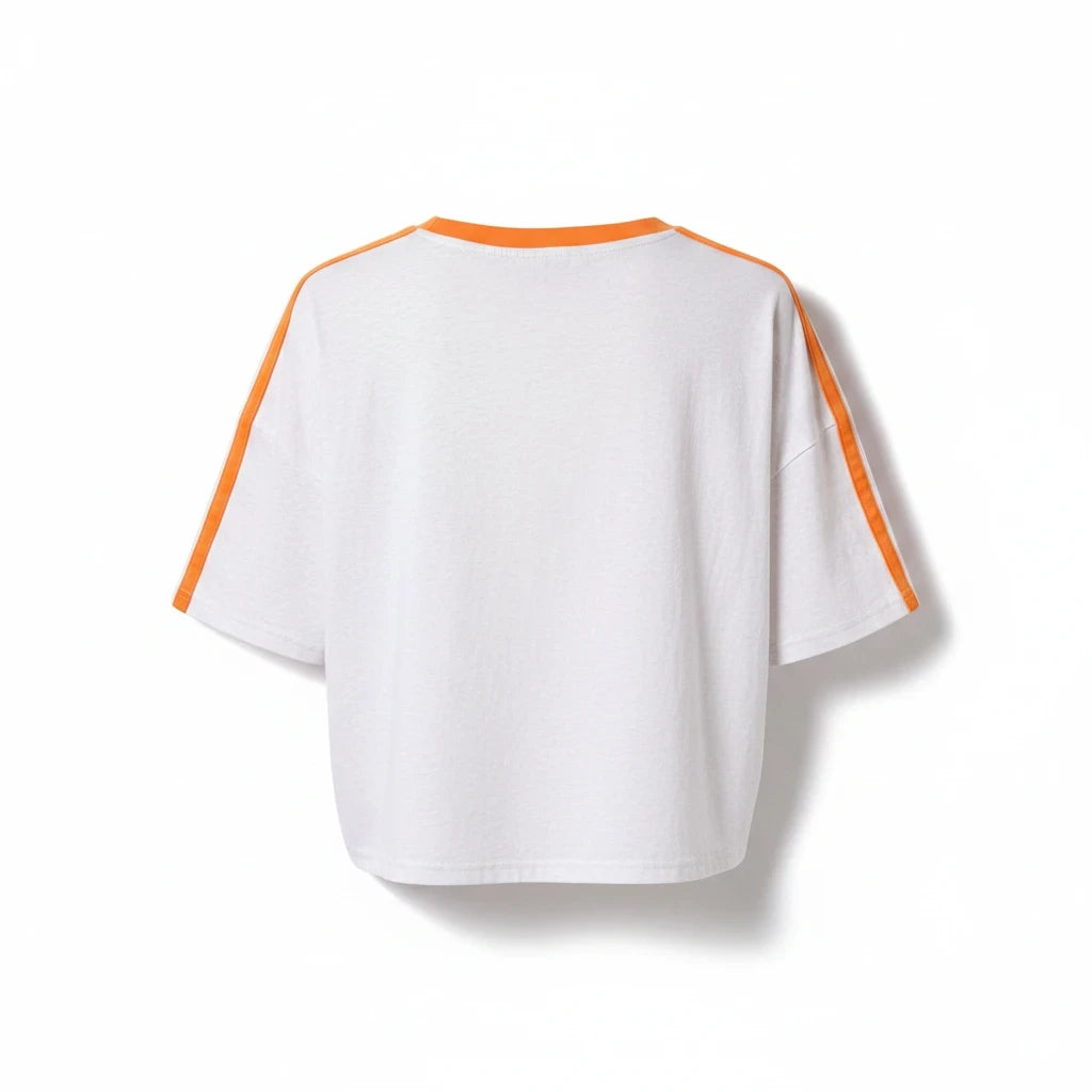 Back view of a BOX SEAT SMOKE SHOW white cropped t-shirt with orange striped sleeves and crew neckline