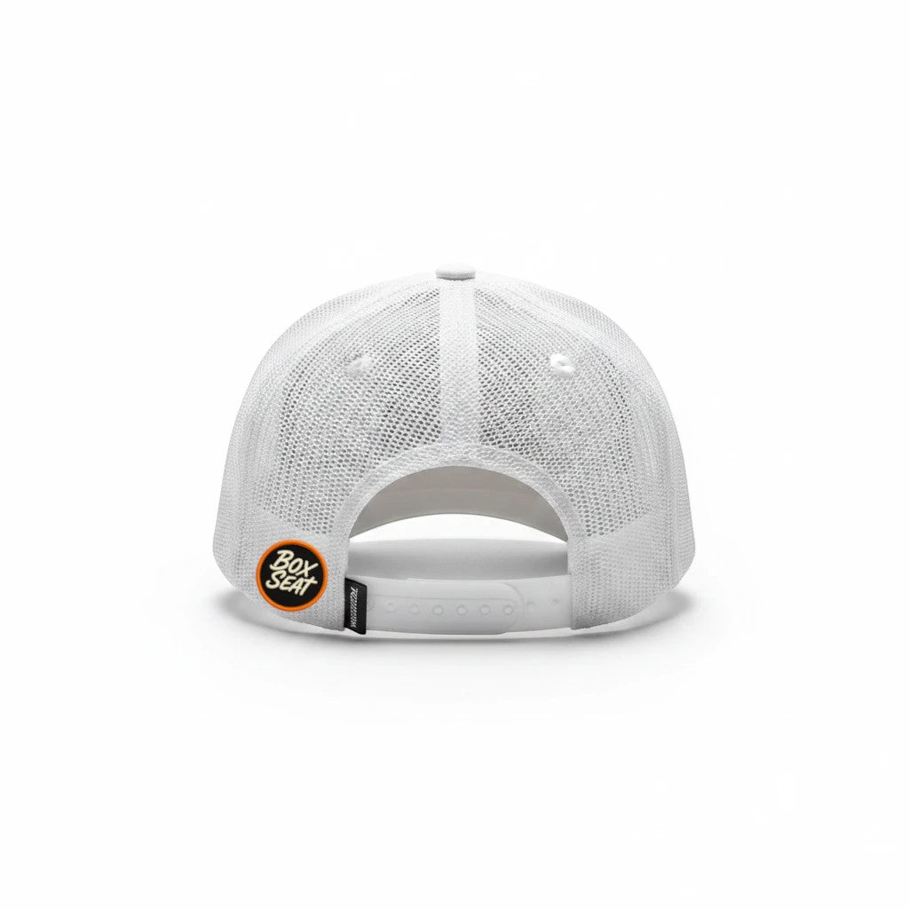 BOX SEAT white Richardson 112FPR trucker hat with mesh back and adjustable snapback closure, rear view